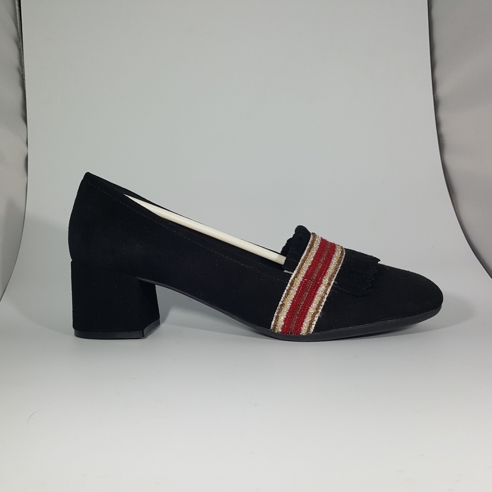 The Flexx Black Suede Mid Heel Pump with Tassels